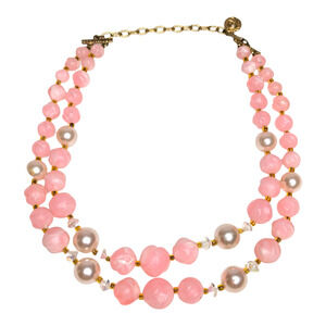 Vintage Pink Marbled Bead Faux Pearl Double Strand Statement Necklace Gold‎ Tone